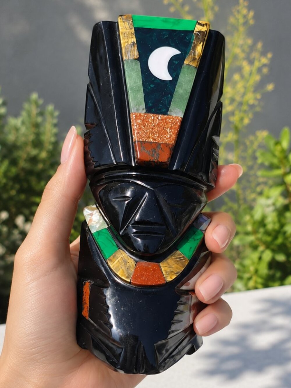 Hand-Carved Mexican Folk Art Black Obsidian Volcanic Glass Aztec Moon God Totem